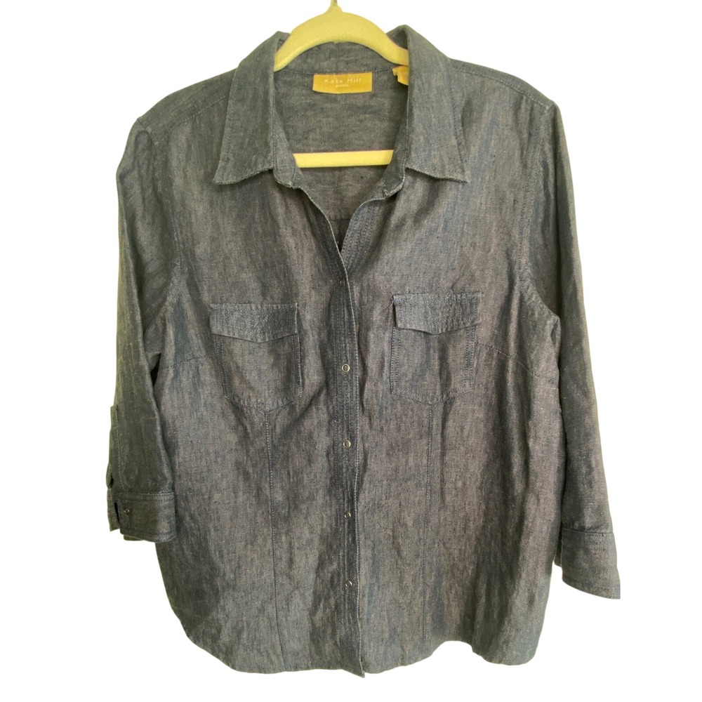 Kate Hill Petite Blue Linen Blend Snap Front 3/4 Sleeve Button Down Shirt PXL